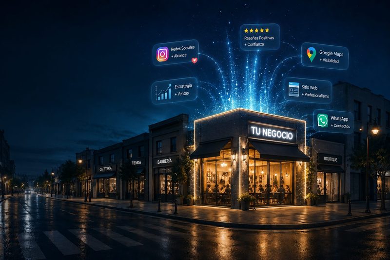 Negocio local de noche con indicadores flotantes de redes sociales, reseñas, Google Maps, estrategia, sitio web y WhatsApp